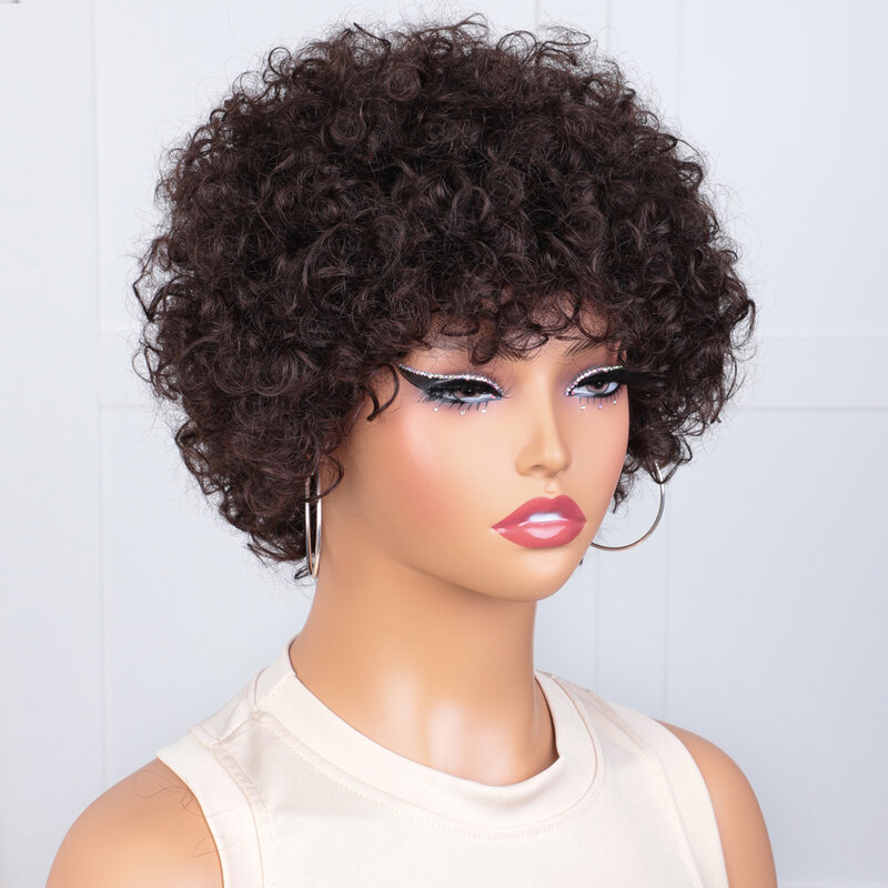 Lekker Wear to go-Peluca de cabello humano brasileño Remy para mujer, postizo de pelo rizado Afro Pixie corto, 250 de densidad, color marrón Natural