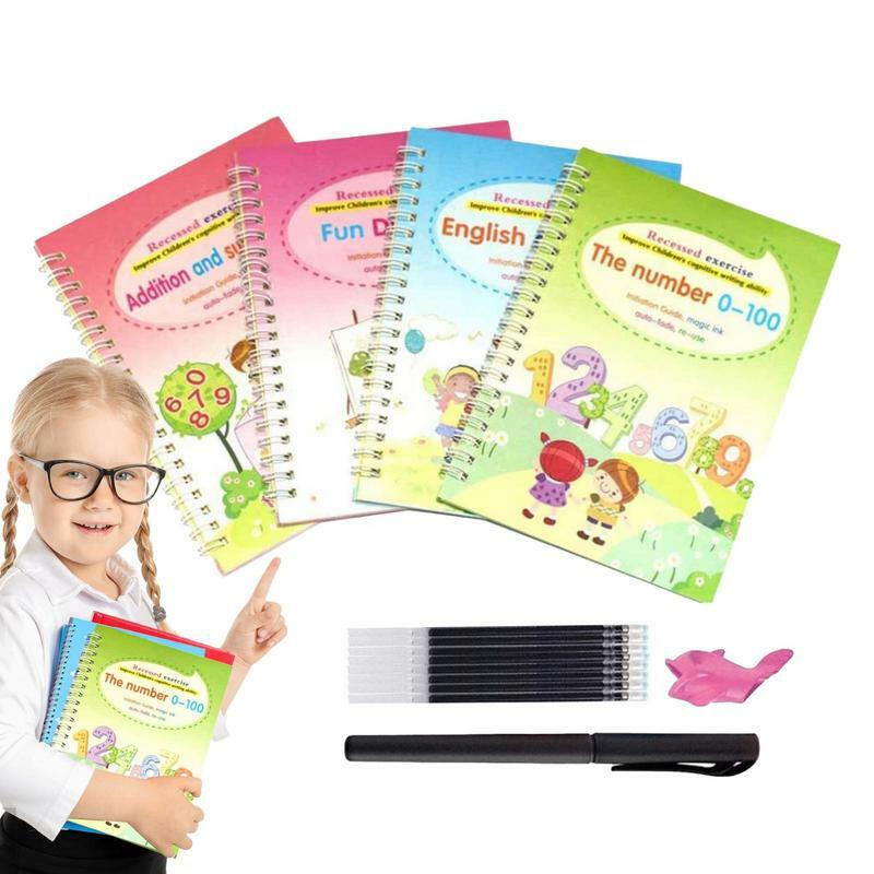 Libros de práctica de escritura reutilizables para niños, libro de escritura a mano con diseño de ranura, práctica de escritura a mano para niños, 4