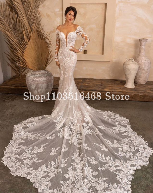 Sexy Wedding Dresses 2024 Luxury Strapless Applique Long Sleeve Skinny Mermaid Bridal Gowns Formal Wedding Bridal Dresses