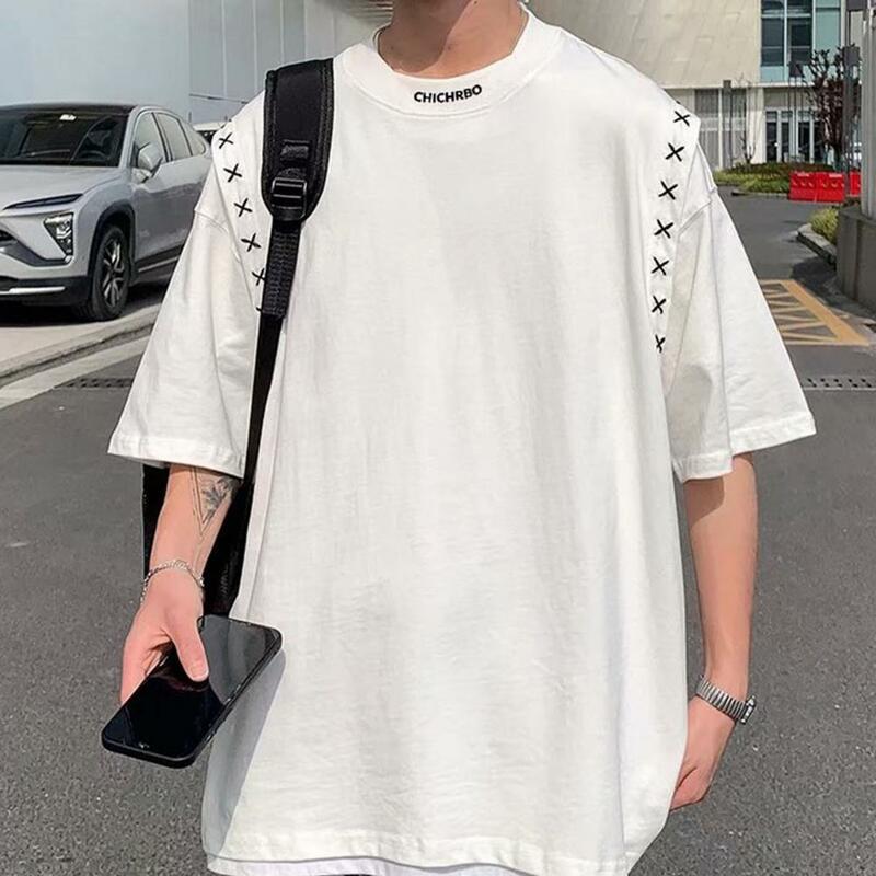 Camiseta com patchwork estilo japonês masculino, ajuste solto, gola redonda, moda streetwear de verão, parte superior com gola redonda