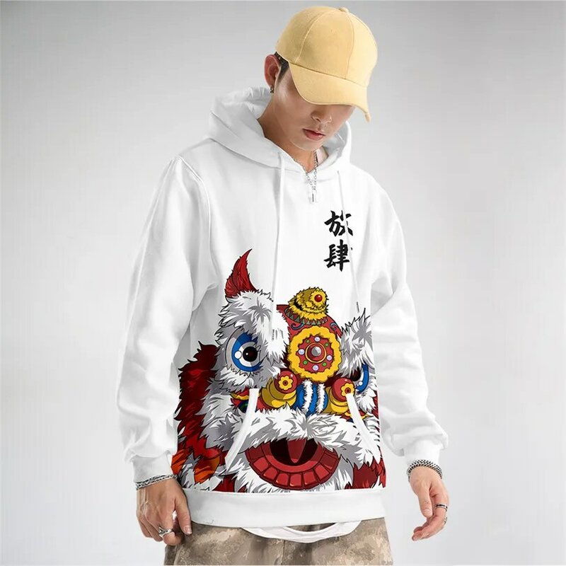 3D chinesische Löwe Tanz druck Männer Hoodies lässig lustige Fleece lose Sweatshirts übergroße High Street Y2k Pullover Hoodie Kleidung