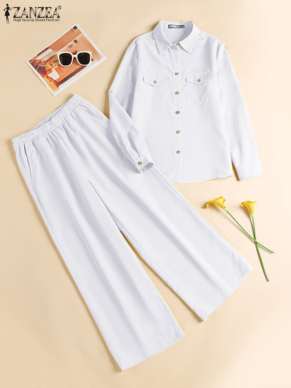 ZANZEA-Conjunto de camisa y pantalones de manga larga para mujer, chándal elegante con cuello de solapa, 2 piezas, moda de otoño