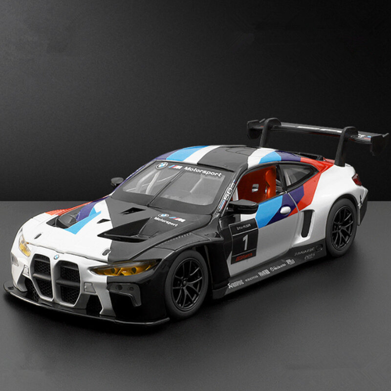 Coche deportivo de aleación BMW M4 GT3, vehículo de juguete de Metal fundido a presión, modelo de simulación de sonido y luz, colección de regalo para niños, 1:24