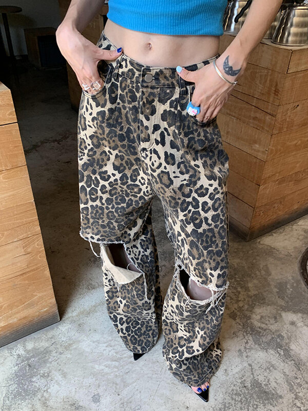 TWOTWINSTYLE Leopard Ripped Wide Leg Jeans For Women High Waist Patchwork Button Loose Fashion Denim Pant Female Clothing New