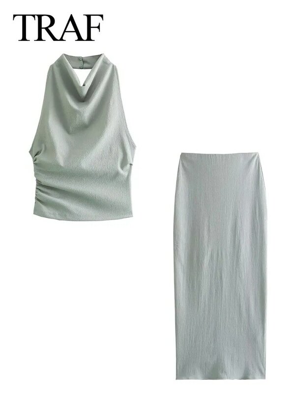 TRAF Fashion Women 2 Piece Set Slit Hem Long Skirt+Solid Color Halter Neck Sleeveless Backless Folds Buttons Decorate Vest Tops