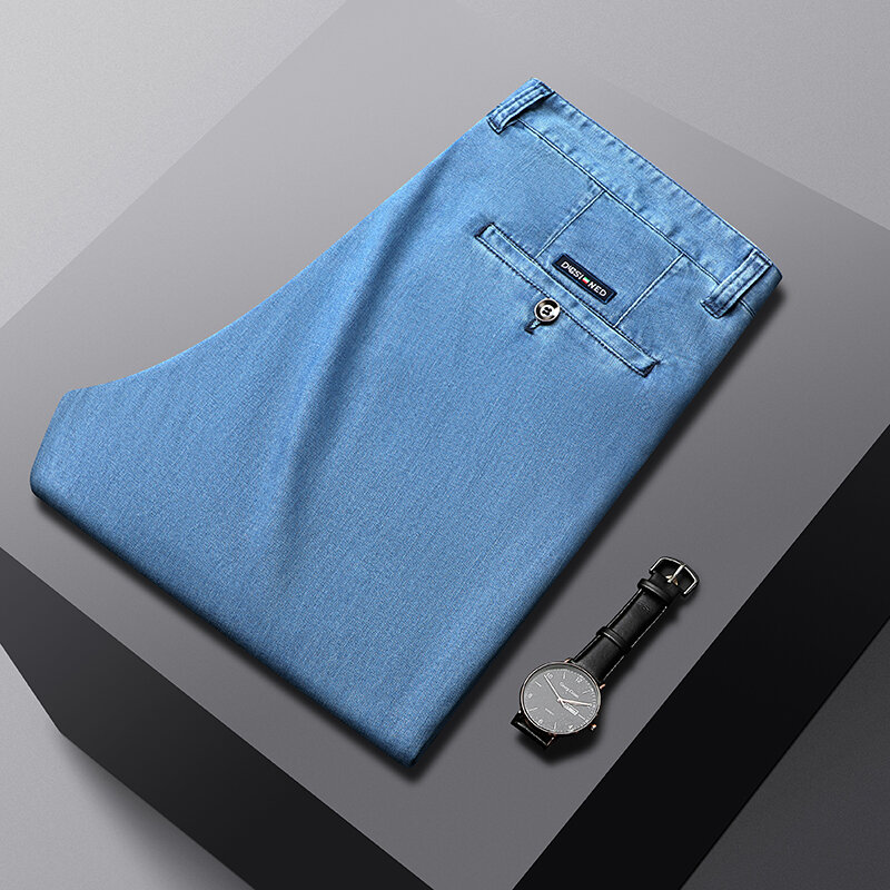 Летние тонкие джинсы, мужские свободные прямые универсальные дышащие повседневные деловые брюки для мужчин среднего возраста