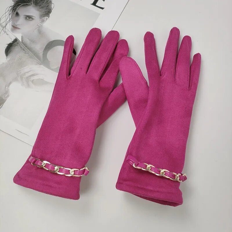 Guantes de cuero de gamuza de terciopelo, cadena minimalista, Color sólido, guantes cálidos para montar al aire libre