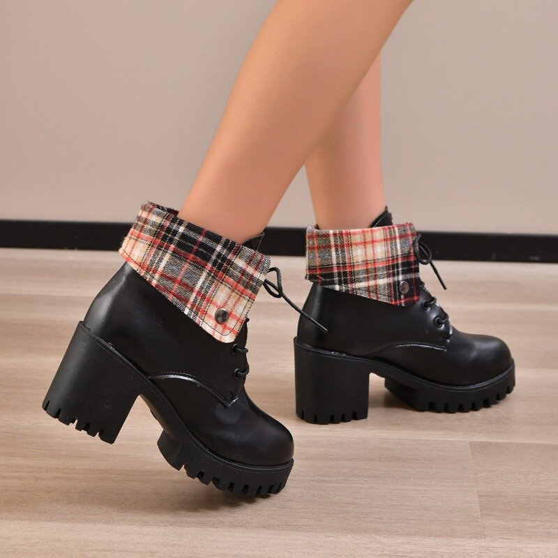 Shoes Female 2023 New Lace Up Ankle Women's Boots Platform Modern Boots Women Turned-over Edge Round Toe Chunky Heel Shoes Women