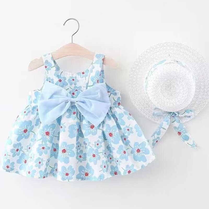Neues Mädchen Blumen kleid süße Sommer Bogen Kleinkind Strand kleid für Kinder im Alter von 0 bis 3 Neugeborenen Kleidung Hut Set von 2 Stück