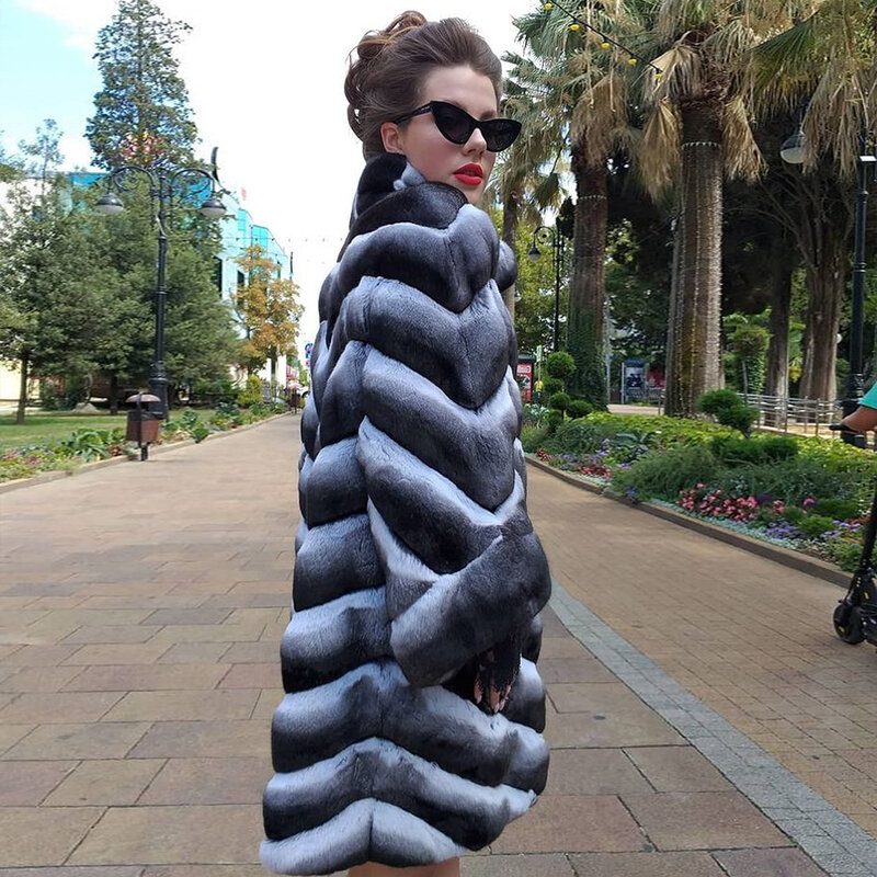 Chinchilla-abrigo de piel de conejo Rex Natural para mujer, chaqueta clásica de cuello alto, prendas de vestir cálidas, Otoño e Invierno