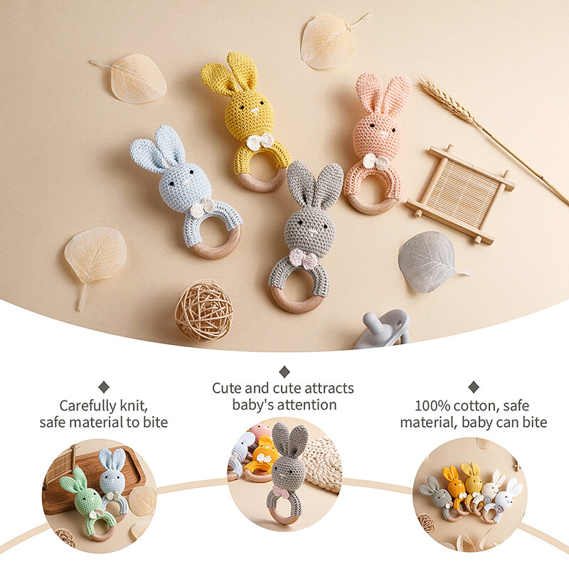TYRY.HU Mainan Kerincingan Kayu Kelinci Kecil Bayi Teether Mobile Pram Crib Ring DIY Gelang Gelindingan Rajutan Bebas BPA