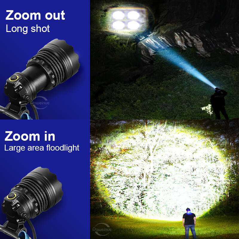 2024 neue Tragbare Super Helle Scheinwerfer 18650 Wiederaufladbare LED Kopf Taschenlampe Im Freien Wasserdichte Zoom Camping Angeln Laterne