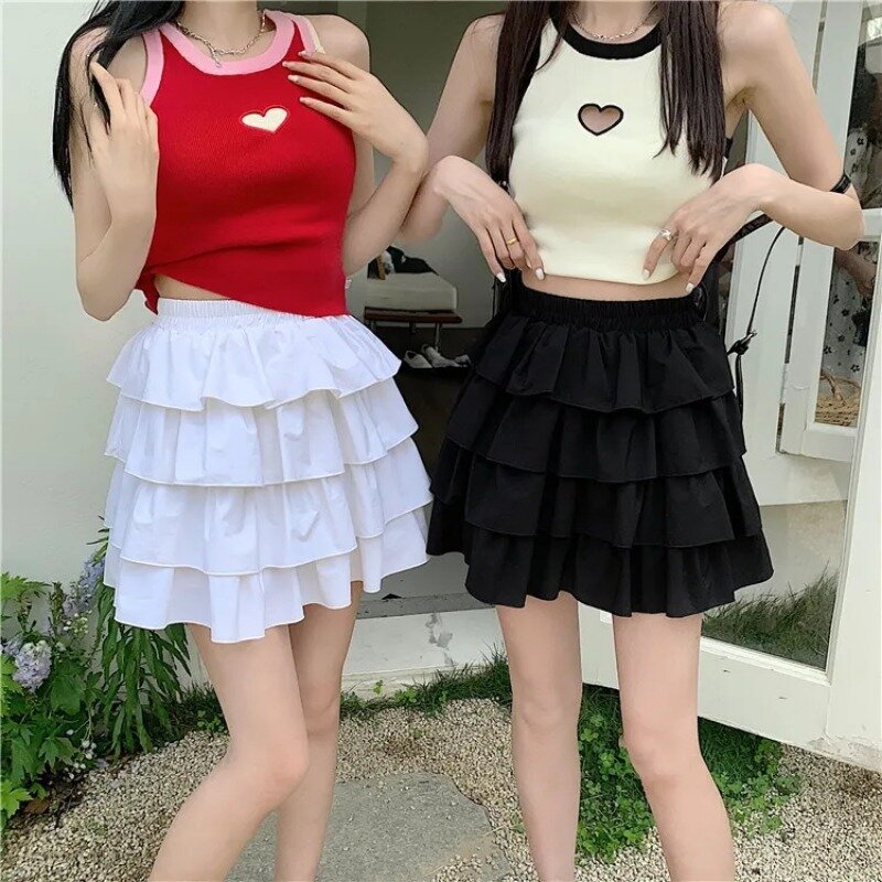 High Waist Women Ruffles Skirts Ulzzang Solid Colors A-line Vintage Fashion Summer Schoolgirls Fairy Lolita Streetwear Harajuku