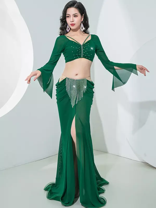 Dames Originele Buikdans Kostuum Mesh Gleuf Licht Luxe Oefenketen Club Party Suit Uitvoering Tweedelig Pak
