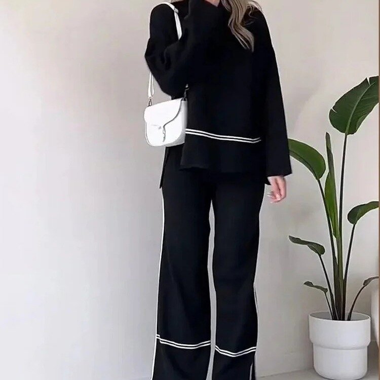 Комплект из двух предметов, Женский Топ с длинным рукавом и круглым вырезом, комбинированный пуловер, однотонные зимние брюки с широкими штанинами и эластичным поясом