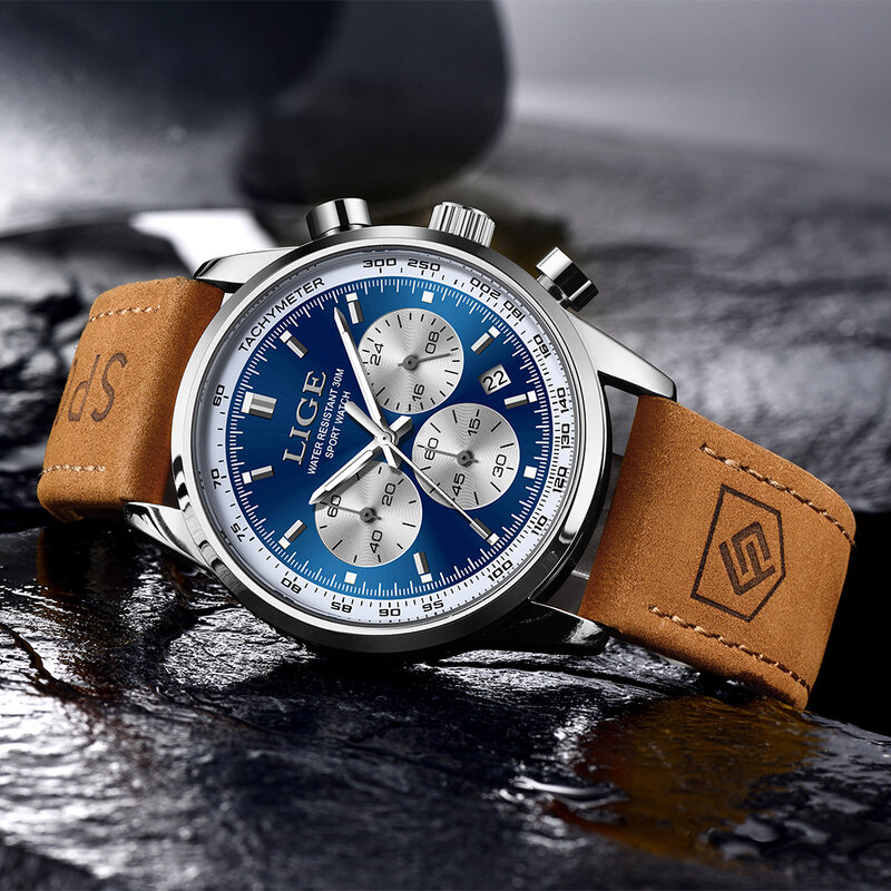 LIGE jam tangan pria, jam tangan laki-laki mewah kualitas tinggi anti air kronograf bercahaya jam tangan kuarsa Pria Kulit jam kasual