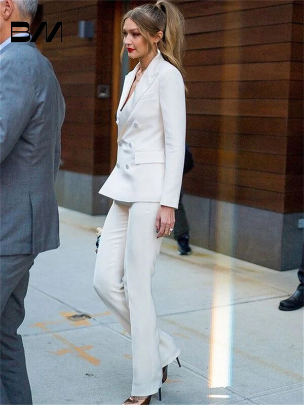 Classic V-neck Women Pant Suits Spring Summer Office Suit Charming Double Button Business Suits Wedding Tuxedo Blazer Customized