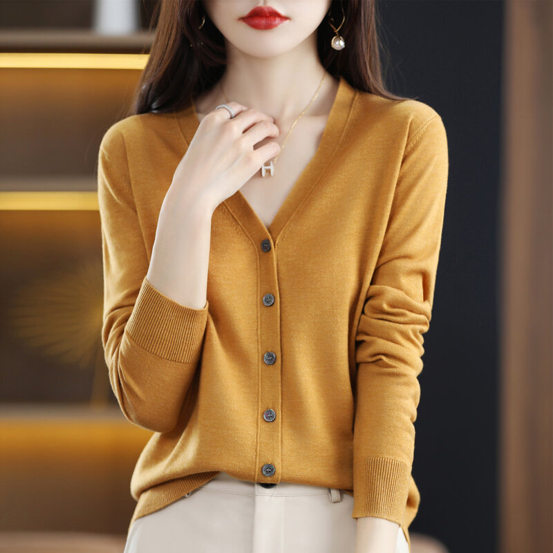Kardigan Wol Rajutan Sweter Wanita Kerah V Kancing Musim Semi Musim Gugur Bagian Tipis Mantel Fashion Lengan Panjang Warna Solid