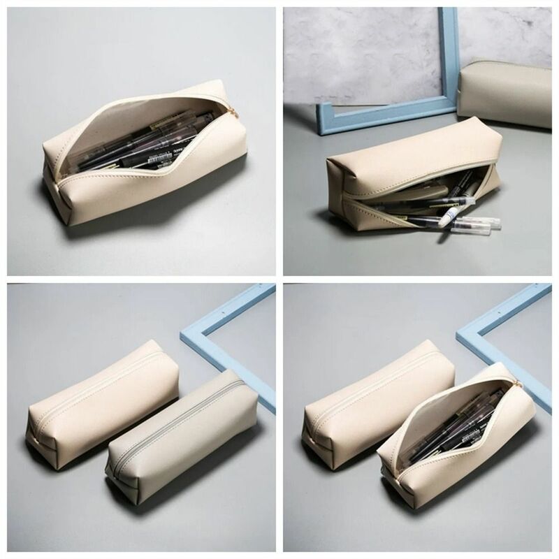 Bolsa de lápices de gran capacidad de cuero PU con cremallera, estuche para bolígrafos, bolsa de almacenamiento de papelería multiusos Simple, bolsa de cosméticos