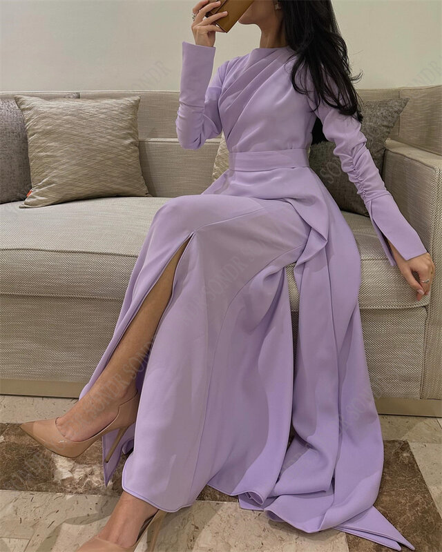 SONDR-vestido de noche de satén púrpura con cuello redondo, traje de sirena, manga larga, abertura frontal, largo hasta el suelo, Formal, para eventos, fiesta de graduación