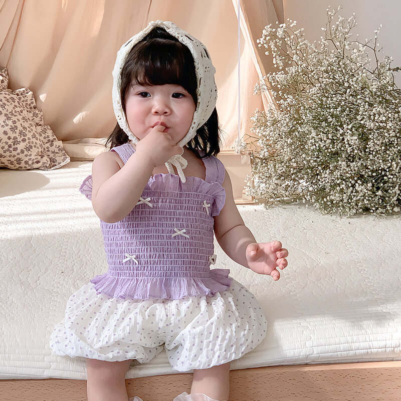 Summer Ins 2024 Infant Girls 2PCS Clothes Elastic Strappy Knotbow Lace Tees Dot Fluffy Shorts Suit Toddler Girls Outfits