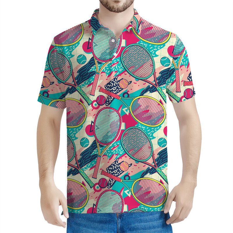 T-shirt à manches courtes imprimé 3D pour hommes, polo graphique de raquette de balle de tennis, t-shirt décontracté à boutons, été, nouveau