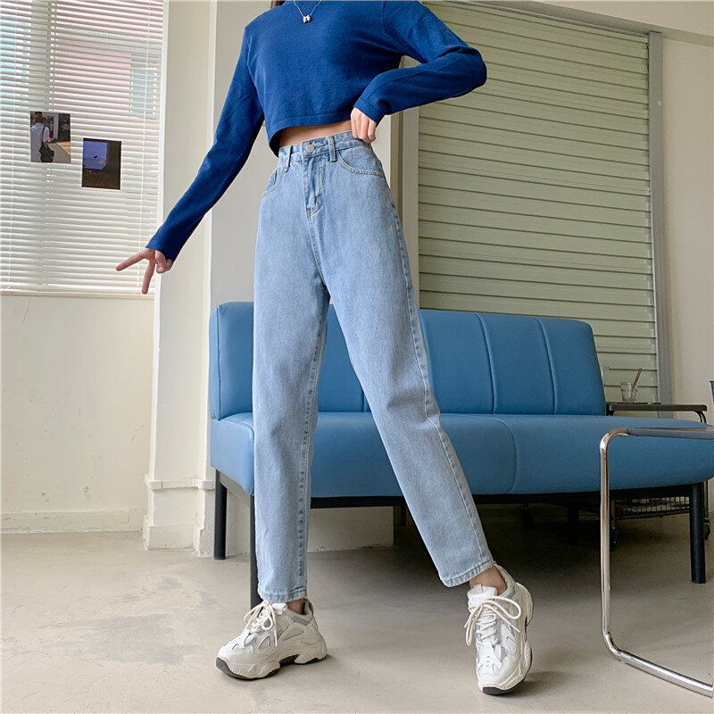Calças jeans de perna reta feminina, jeans de cintura alta, fundo feminino, streetwear vintage, azul e preto, roupas clássicas da moda, 2024