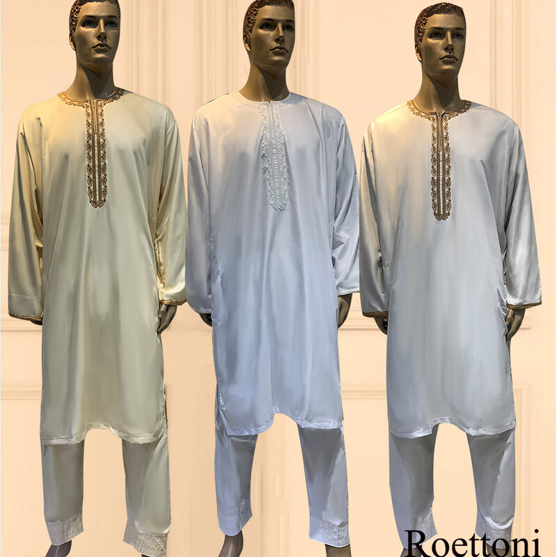 1 Bộ Nam Hồi Giáo Jubba Thobe Dài Tay Dài Abaya Dubai Pakistan Aman Đầm Maxi Áo Dây Thêu Hoa Cầu Nguyện Đầm với Quần