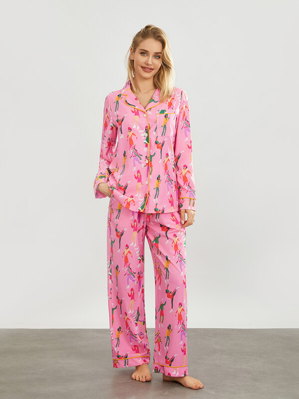 Conjunto de pijama de dos piezas con estampado Floral para mujer, camisa de manga larga, pantalones de pierna ancha, traje a juego, Y2k