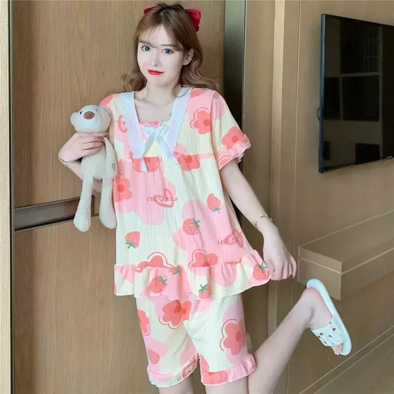 2024 Ladies Pajamas Women Summer Short-Sleeved Pyjamas Students Thin Section Lace Leisure Can Be Worn Outside the Home Clothing