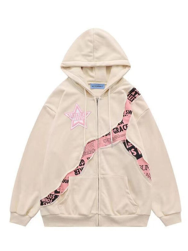 Deeptown-Vintage feminino zip up hoodies, moletons com impressão Harajuku Hip Hop carta, streetwear gótico, tops soltos de retalho, casacos Y2K
