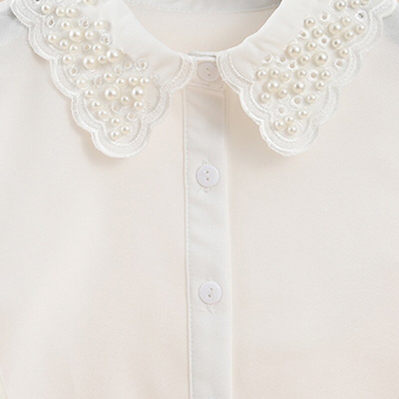 Faux Pearl Beaded Fake Collar Women White Dickey Embroidery Scalloped Half Shirt