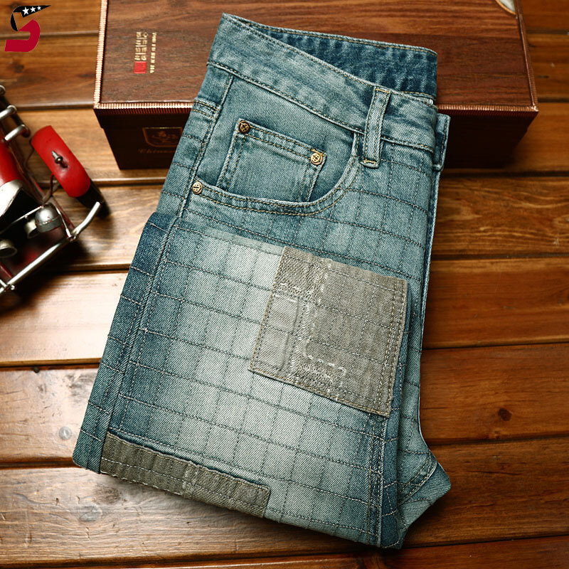 High-End Borduurwerk Trendy Jeans Mannen Persoonlijkheid Patch Modemerk Slim Fit Voeten Mode Stretch Casual Broek
