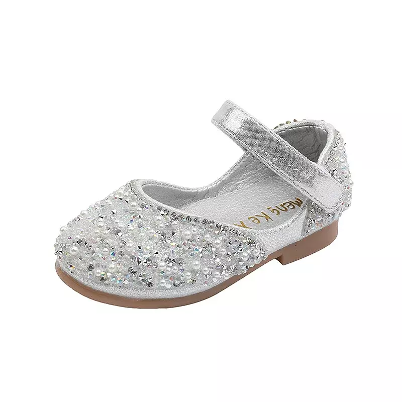 Sepatu kulit berlian imitasi gadis musim semi 2024 sepatu putri busur mutiara sepatu tunggal balita bayi anak-anak lembut G06