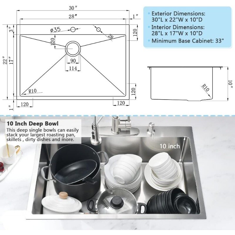 VASOYO-انخفاض الفولاذ المقاوم للصدأ في حوض المطبخ ، وعاء واحد ، Topmount ، 33 "، 33x22
