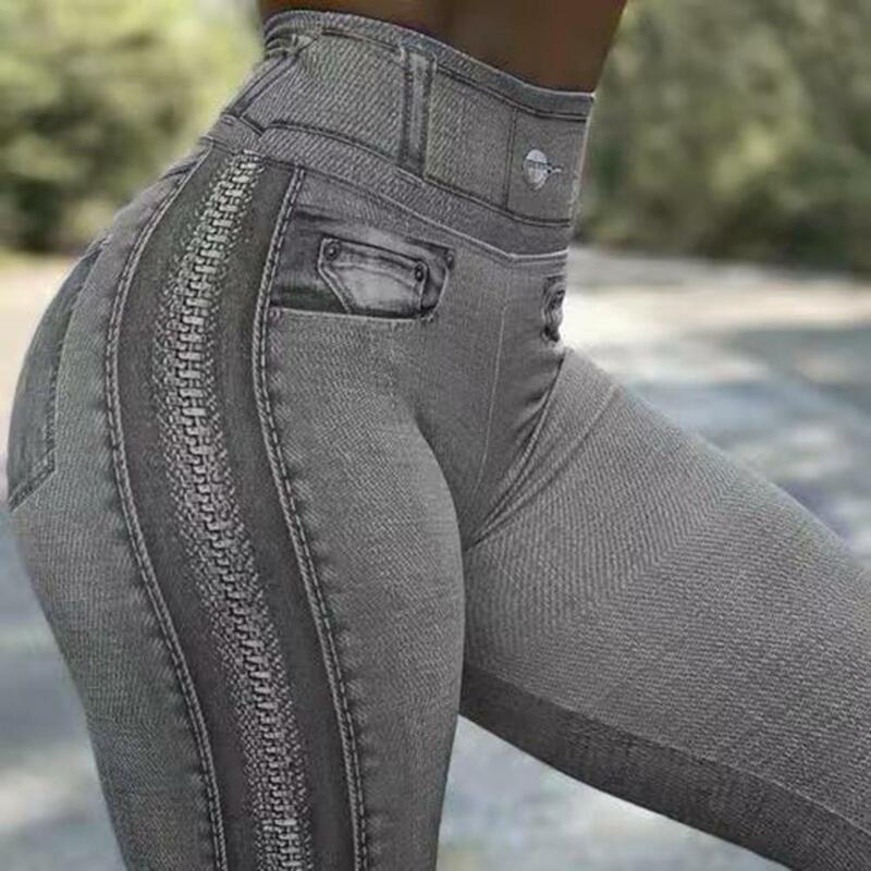 Decorative Pockets Skinny Imitation Jeans Leggings Hip Lifting Zipper Print High Waist Elastic Pants for Sports