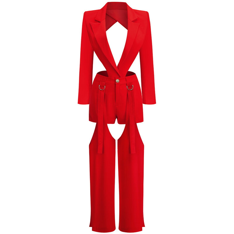Conjunto de trajes de pantalones rojos para mujer, ropa Sexy para mujer, esmoquin de pasarela sin espalda, chaqueta informal, abrigo para niña caliente