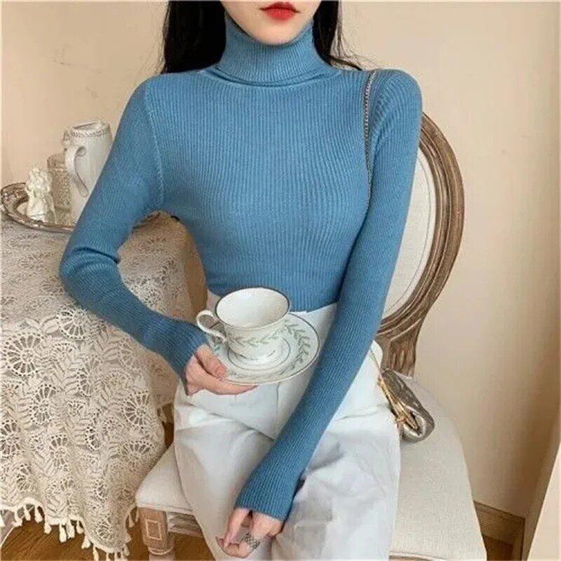 女性用長袖タートルネックセーター,ベーシックニット,伸縮性,無地