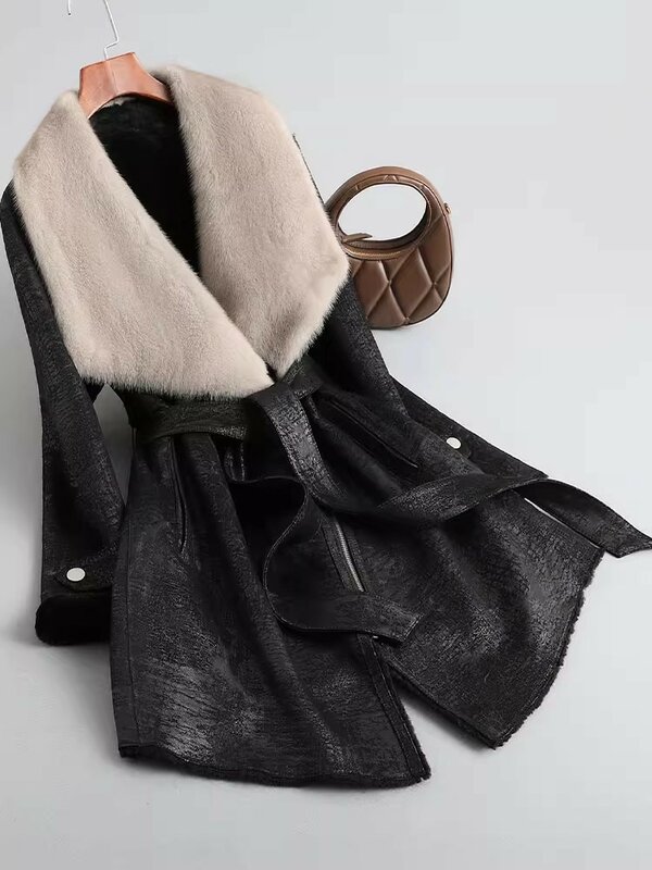 Original Eco Vintage Real Fur Elegant Mink Fur Collar Winter Warm Wool Liner Women Medium Long Genuine Leather Shearling Coat