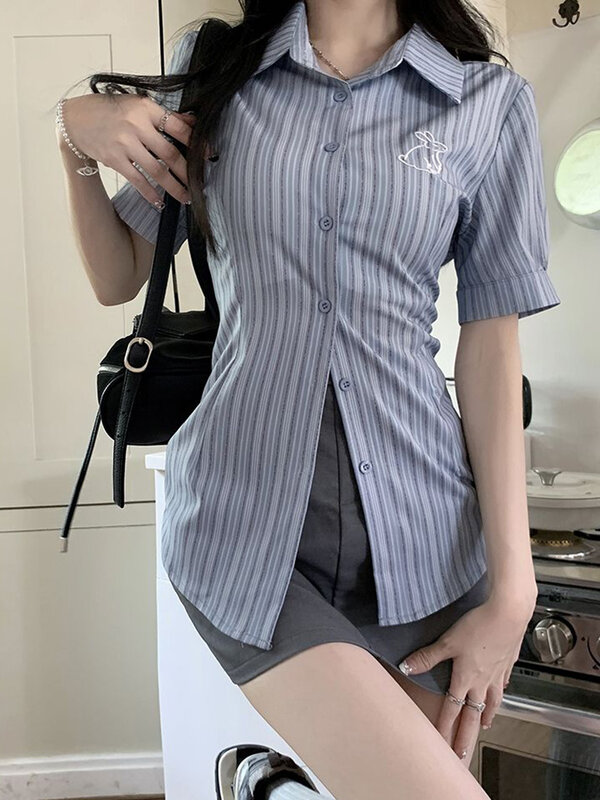 Jmprs-Camisa ajustada a rayas Vintage para mujer, blusa informal de manga corta coreana, diseño bordado de verano, Tops Retro dulces de alta calidad