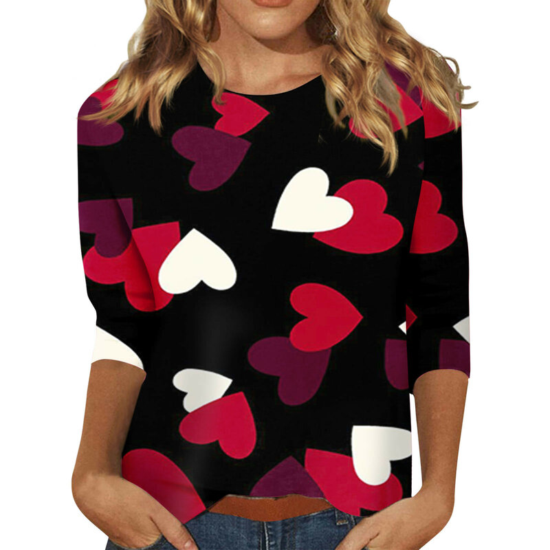 3/4 Sleeve Shirts For Women  Valentine's Day Print Crewneck Sweatshirt Womens Fashion-Forward Fall Chic Clothes Eye-Catching