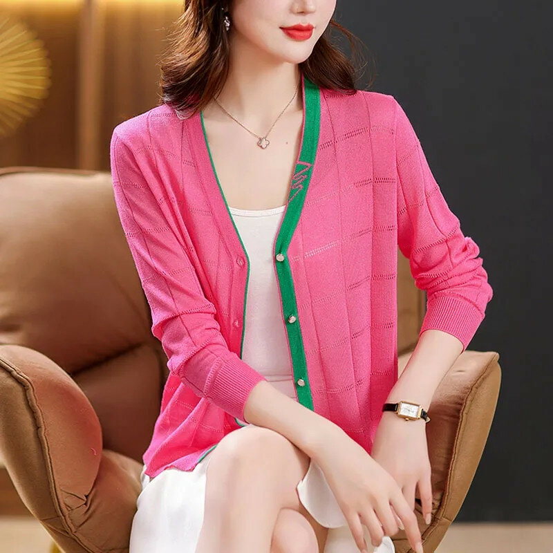 Fashion Ice Silk Knitted Jacket 2024 New Women Spring Summer Autumn Korean Cardigan Knitwear Tops Sunscreen Jacket Shawl Female