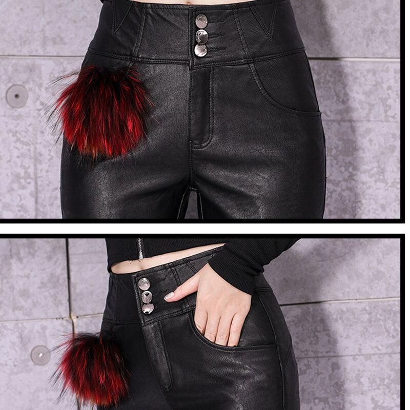 Облегающие брюки из овечьей кожи с высокой талией, женские брюки из натуральной кожи для осени и зимы, Корейская версия, облегающие, модель sm, 2023
