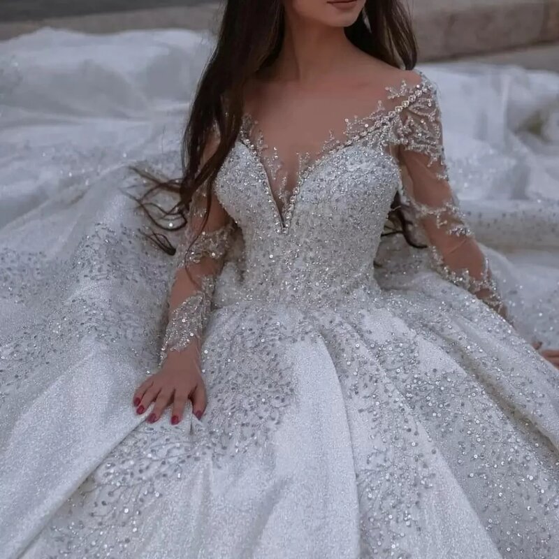 A Line Crystal Wedding Dresses V Neck Lace Long Sleeve Bridal Gowns Elegant Wedding Dress robes de mariée