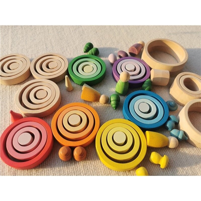 Dzieci tęczowa drewniana obrączka pierścienie niemalowane bukowe bloki do układania w stosy kreatywne luźne części zabawki Montessori