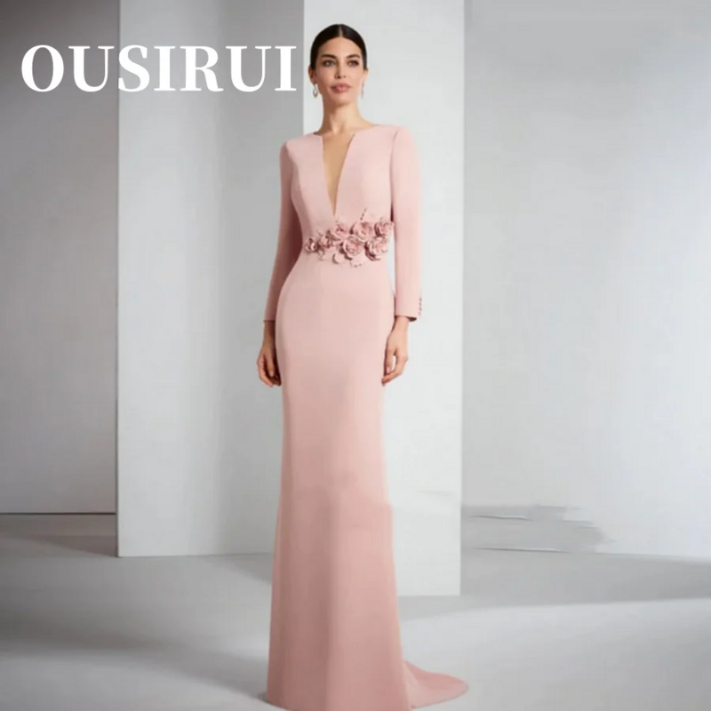 Langarm Mutter der Braut Kleider rosa Satin Hochzeits feier Kleid 3d Blume Gericht Zug Ballkleider benutzer definierte Abendkleid