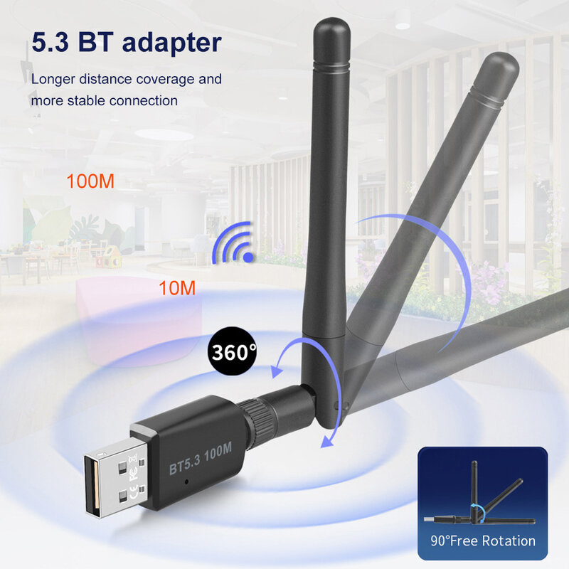 Adaptor Bluetooth USB 100M, penerima USB Audio jarak jauh pemancar Bluetooth 5.3 penerima Audio Dongle USB untuk komputer PC