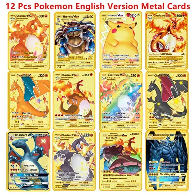 6-12 Stks/set Engelse Versie Pokemon Metalen Kaart Pikachu Anime Figuur Strijd Carte Trading Pocket Monster Kaarten Model Speelgoed Geschenken