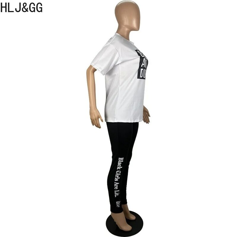 HLJ&GG Spring New Letter Print Jogger Pants Two Piece Set Women Round Neck Short Sleeve Tshirt + Pants Tracksuits Female Outfits
