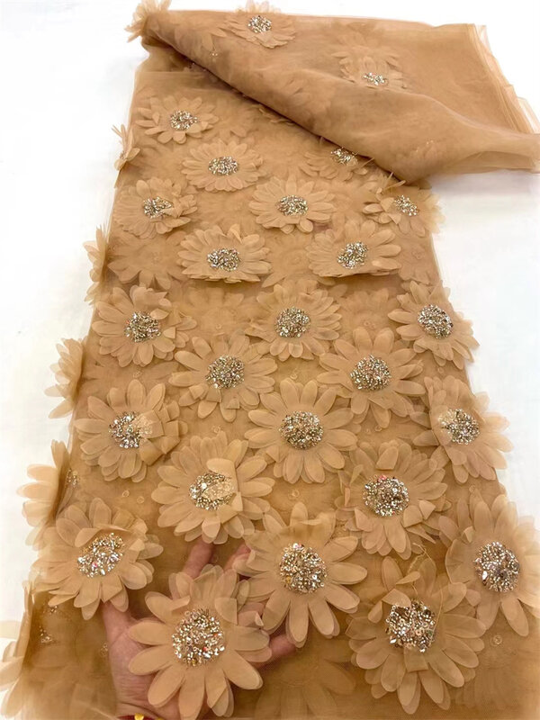 Tela de tul de encaje con cuentas blancas africanas de lujo, tela de apliques bordados de flores 3D, Material de tul francés, 5 yardas, 2024